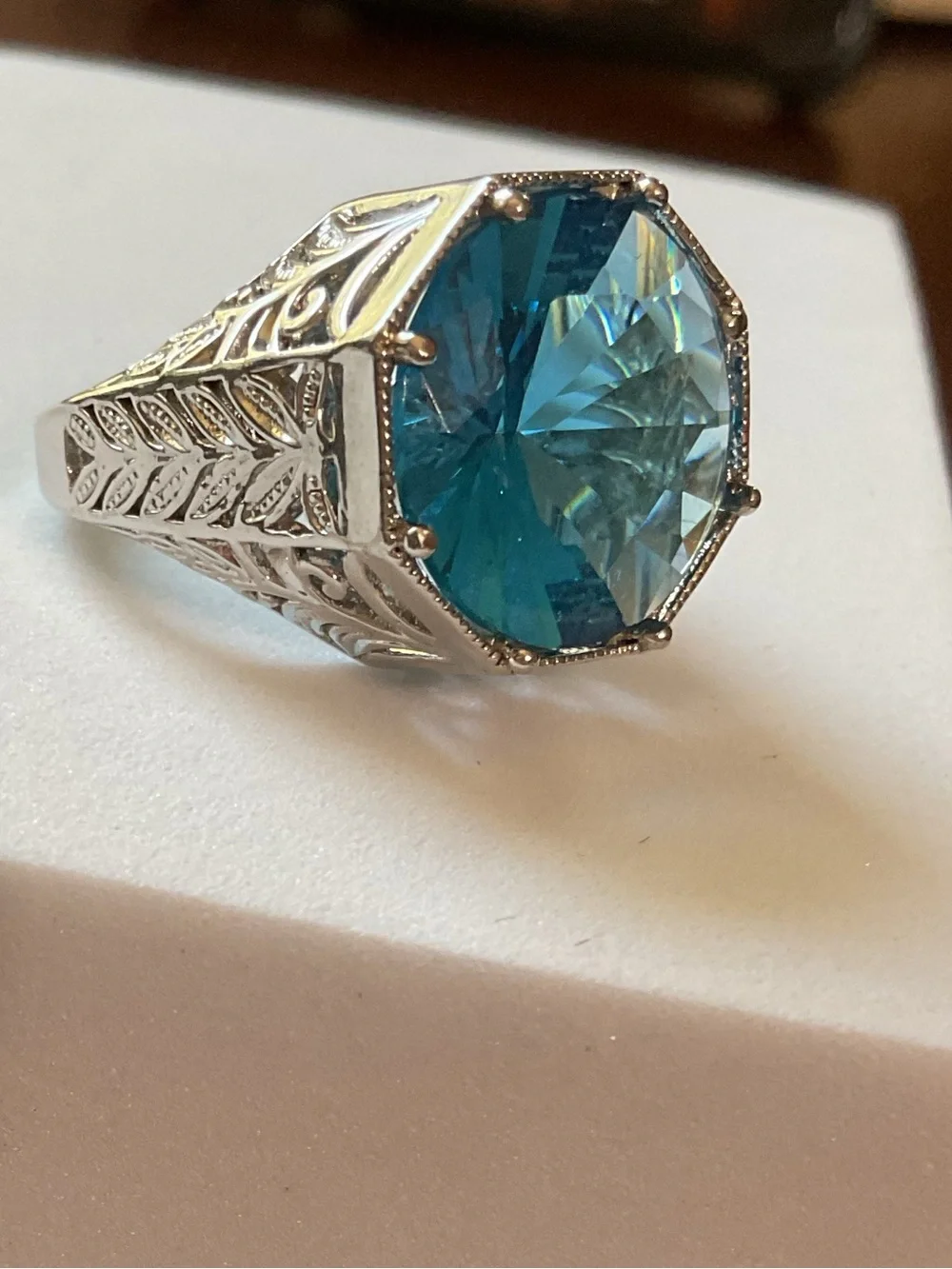 Art Deco Revival Sterling Silver Open Filigree Blue Crystal Ring Size 7